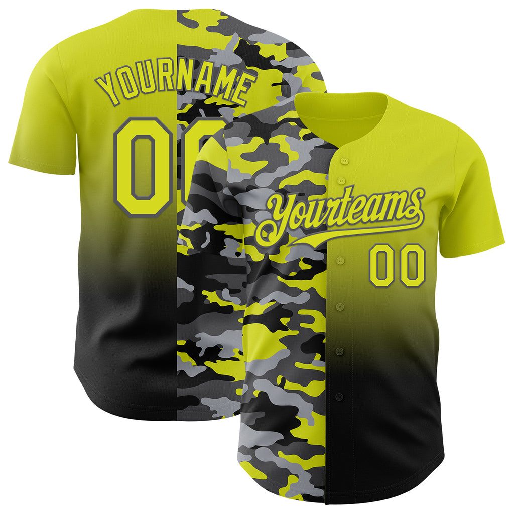 Custom Neon Yellow Black-Steel Gray Half Camo Ombre Authentic Baseball Jersey