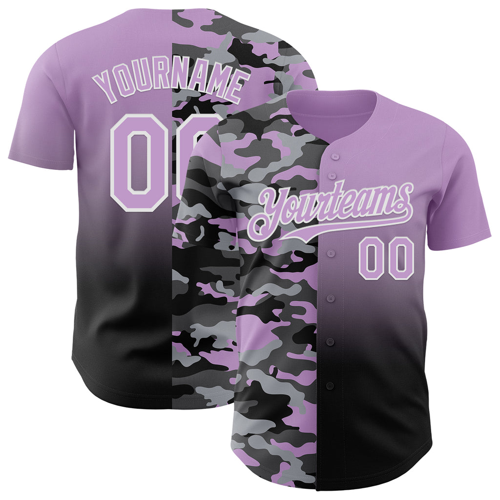 Custom Light Purple Black-White Half Camo Ombre Authentic Baseball Jersey