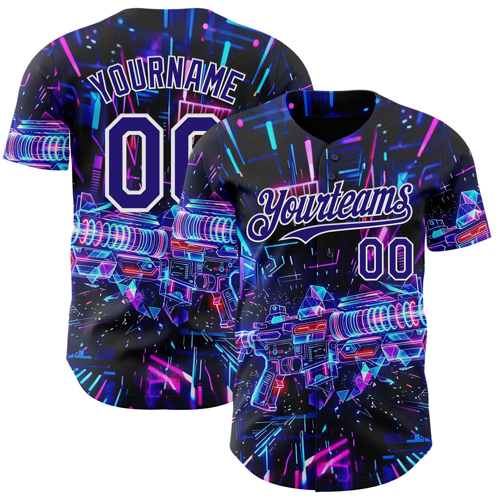 Custom Black Dark Purple-White Futurism Cyberpunk E-sports 3D Pattern Design Authentic Baseball Jersey