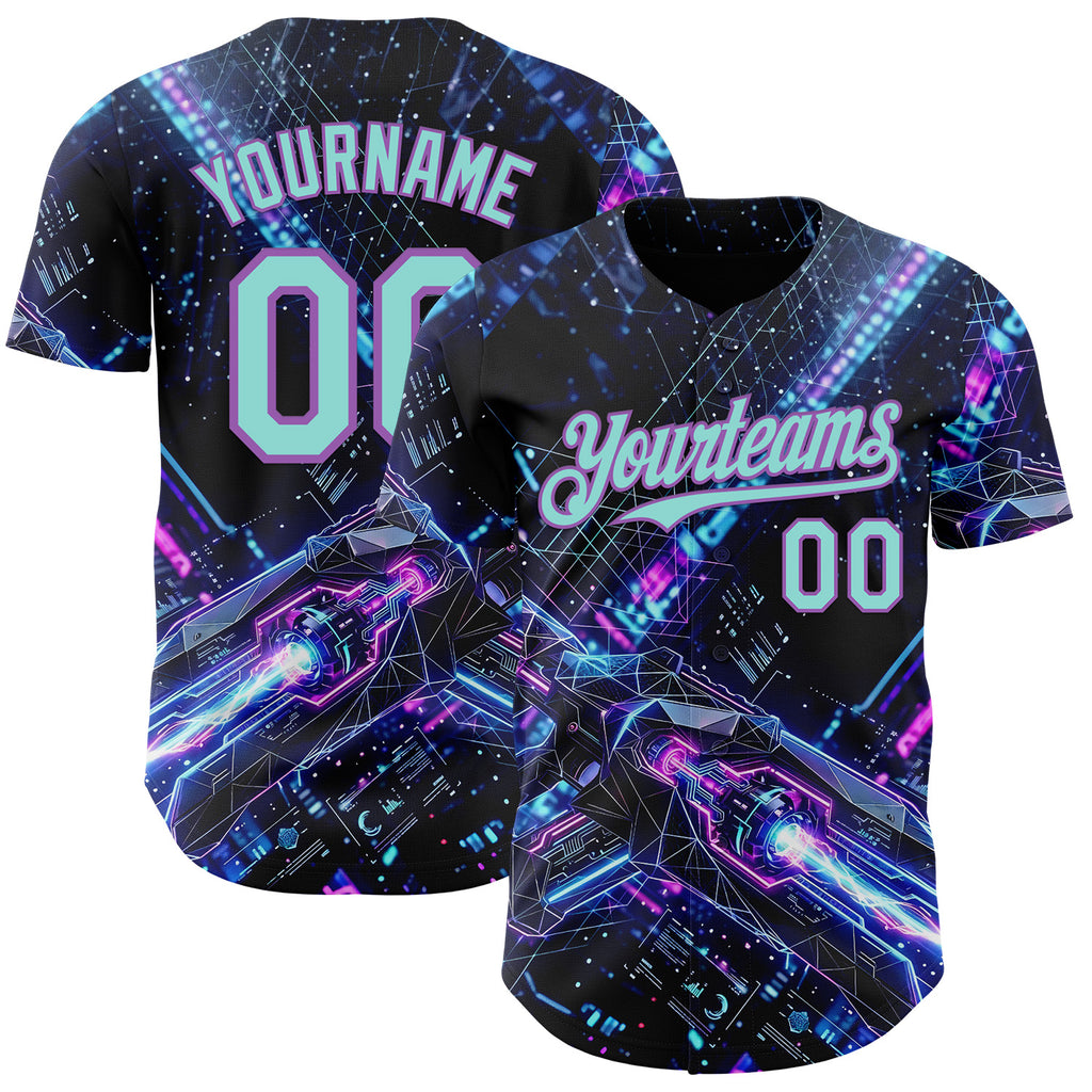 Custom Black Ice Blue-Medium Purple Futurism Cyberpunk E-sports 3D Pattern Design Authentic Baseball Jersey