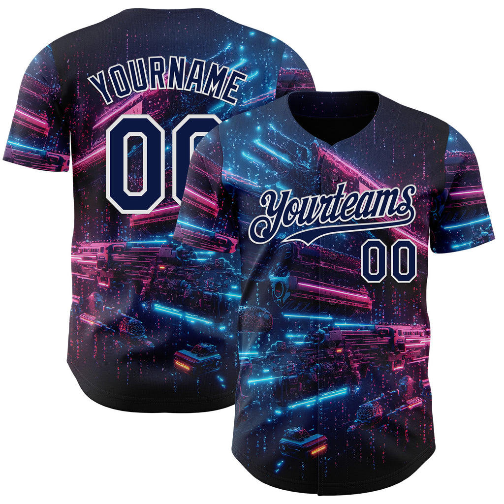 Custom Navy-White Futurism Cyberpunk E-sports 3D Pattern Design Authentic Baseball Jersey