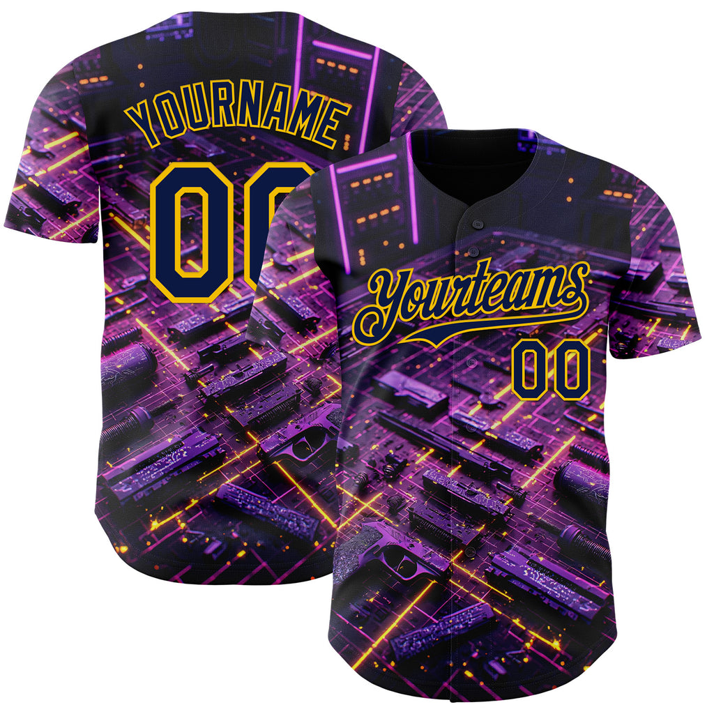 Custom Black Navy-Yellow Futurism Cyberpunk E-sports 3D Pattern Design Authentic Baseball Jersey