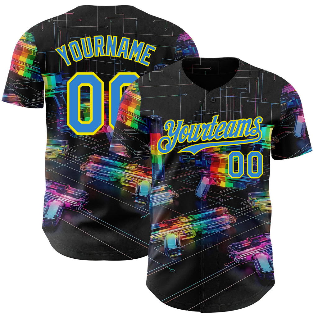 Custom Black Electric Blue-Light Yellow Futurism Cyberpunk E-sports 3D Pattern Design Authentic Baseball Jersey