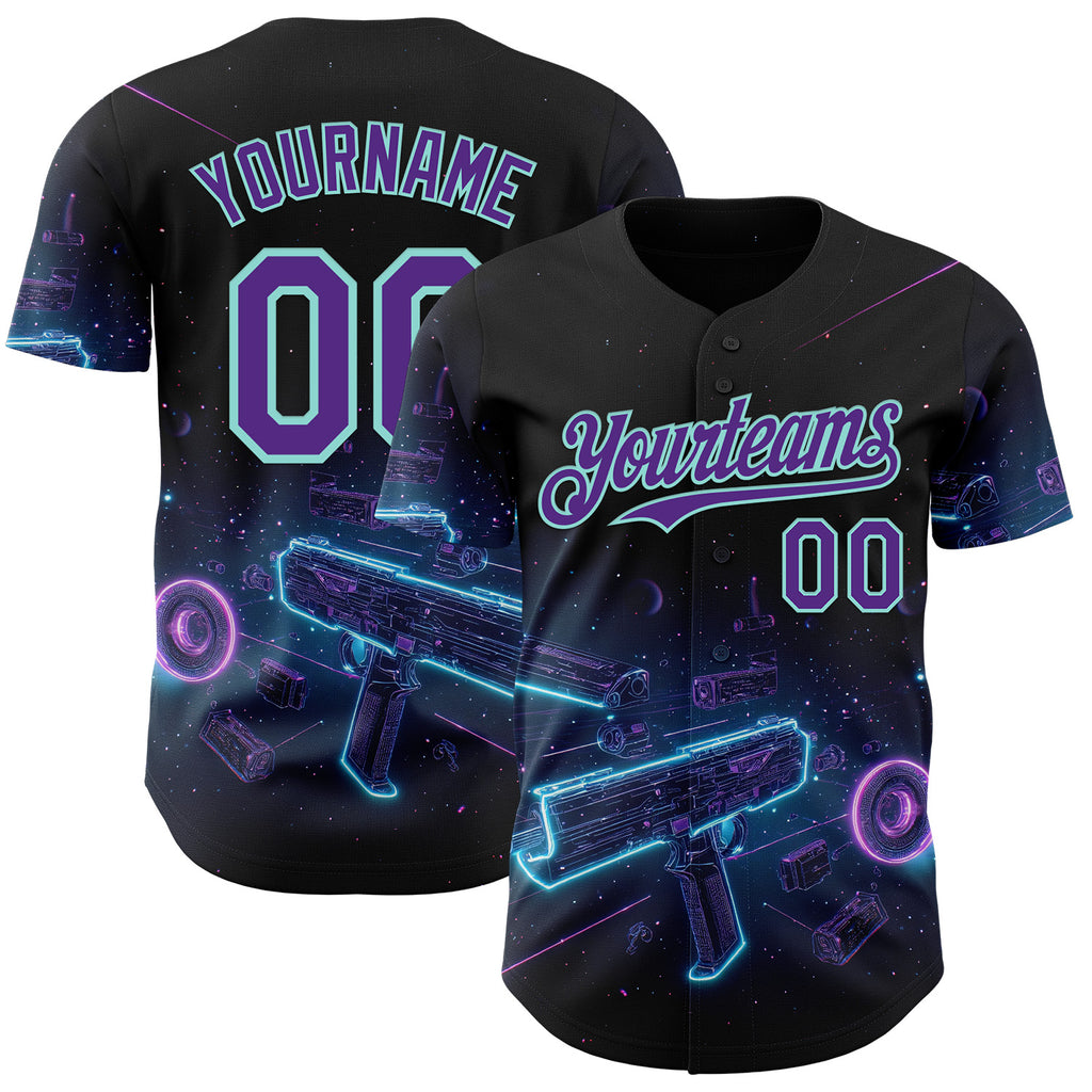 Custom Black Purple-Ice Blue Futurism Cyberpunk E-sports 3D Pattern Design Authentic Baseball Jersey
