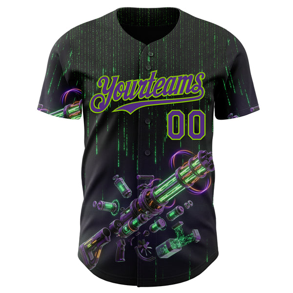 Custom Black Purple-Neon Green Futurism Cyberpunk Digital Rain 3D Pattern Design Authentic Baseball Jersey