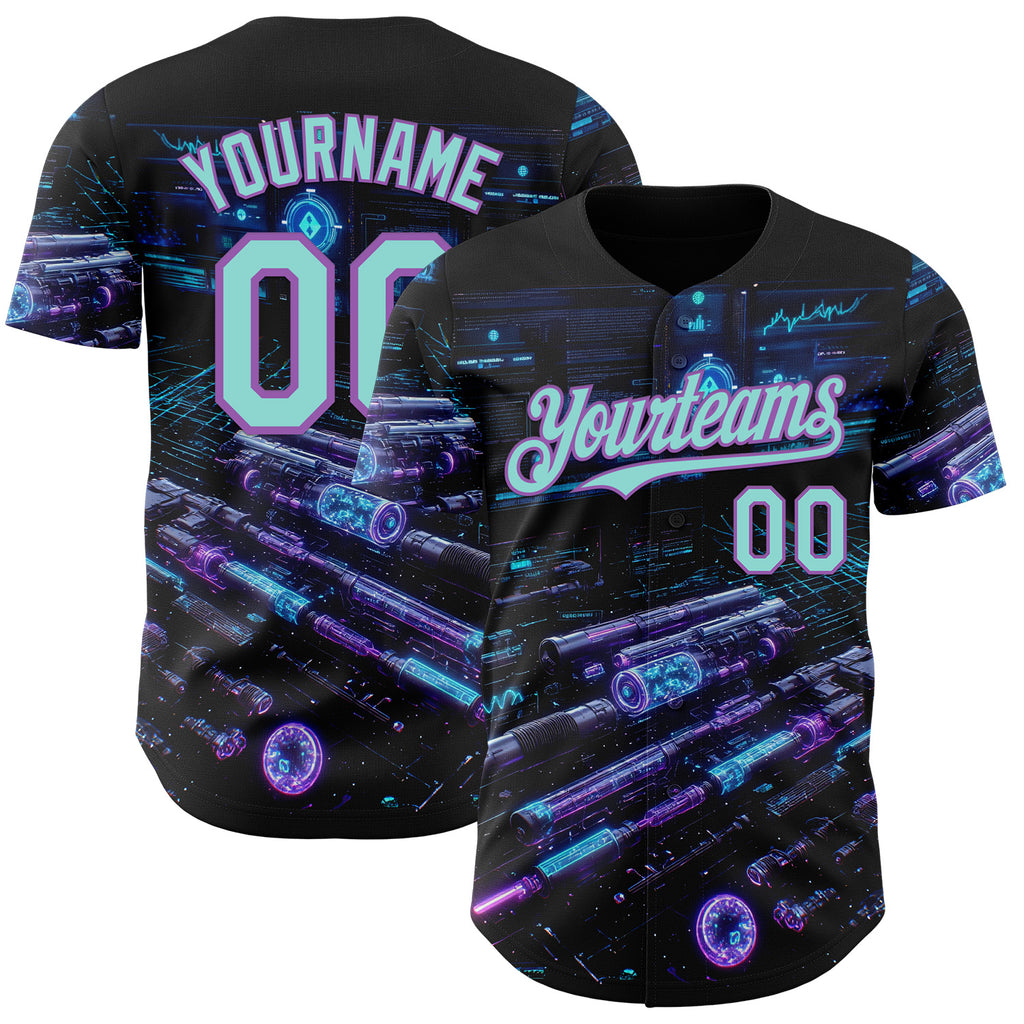 Custom Black Ice Blue-Medium Purple Futurism Cyberpunk E-sports 3D Pattern Design Authentic Baseball Jersey