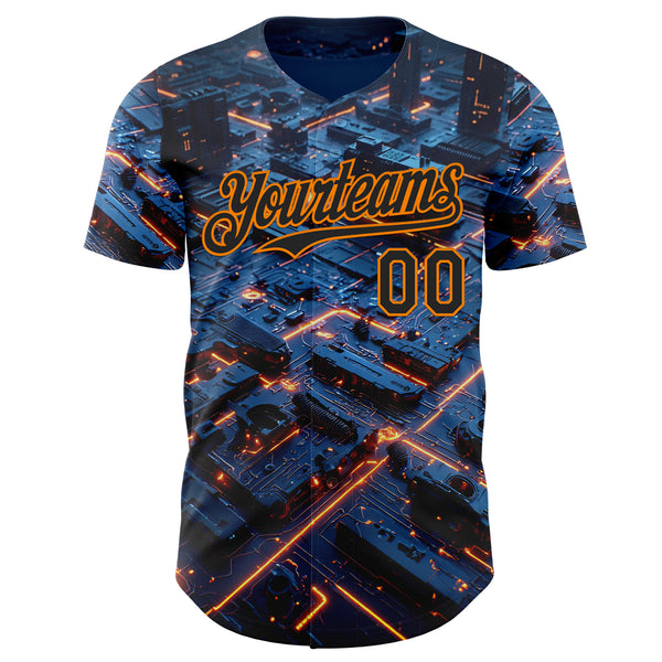 Custom Blue Black-Bay Orange Futurism Tech E-sports 3D Pattern Design Authentic Baseball Jersey
