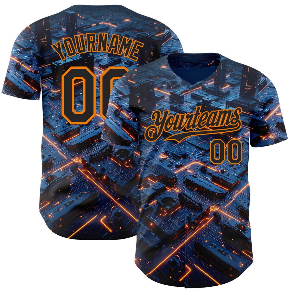 Custom Blue Black-Bay Orange Futurism Tech E-sports 3D Pattern Design Authentic Baseball Jersey