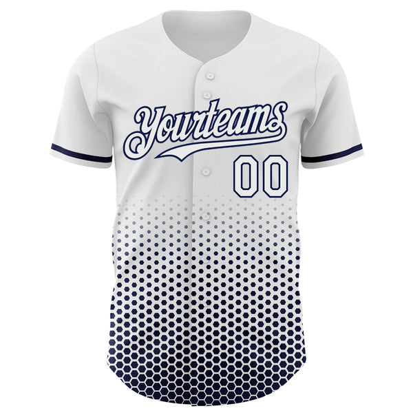 Custom White-Navy Geometric Hexagonal Dot Gradient Authentic Baseball Jersey