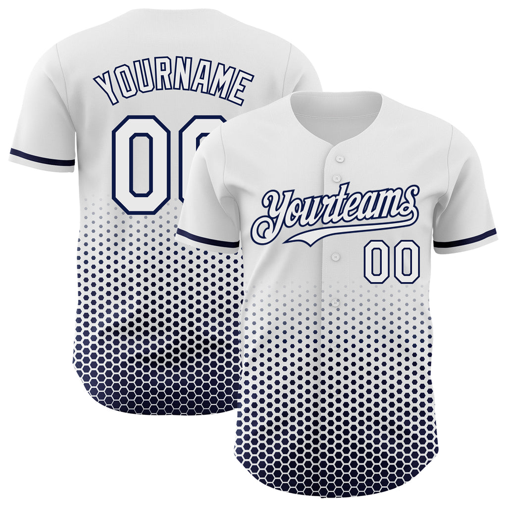 Custom White-Navy Geometric Hexagonal Dot Gradient Authentic Baseball Jersey