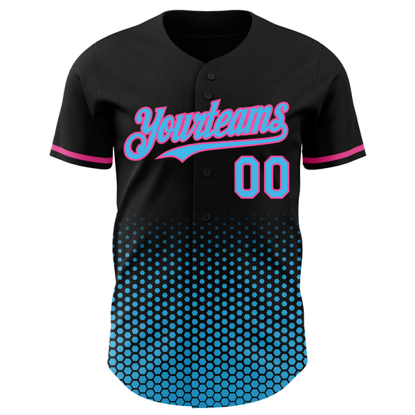 Custom Black Sky Blue-Pink Geometric Hexagonal Dot Gradient Authentic Baseball Jersey