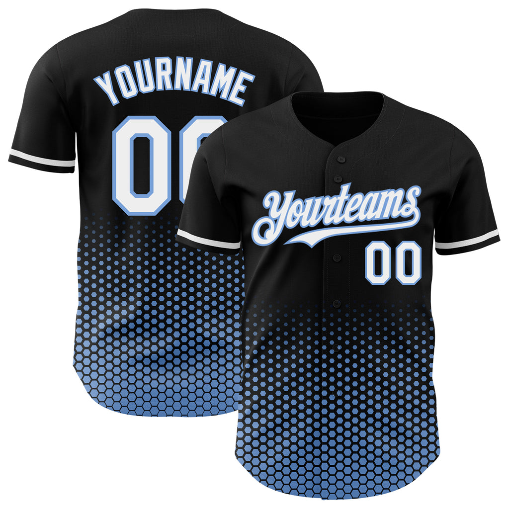 Custom Black White-Light Blue Geometric Hexagonal Dot Gradient Authentic Baseball Jersey