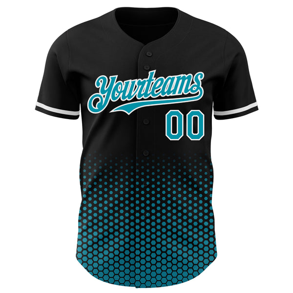Custom Black Teal-White Geometric Hexagonal Dot Gradient Authentic Baseball Jersey
