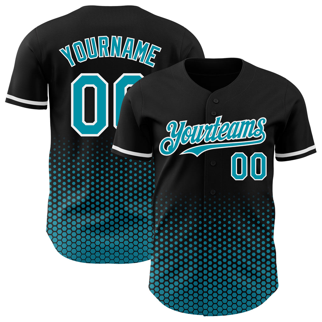 Custom Black Teal-White Geometric Hexagonal Dot Gradient Authentic Baseball Jersey