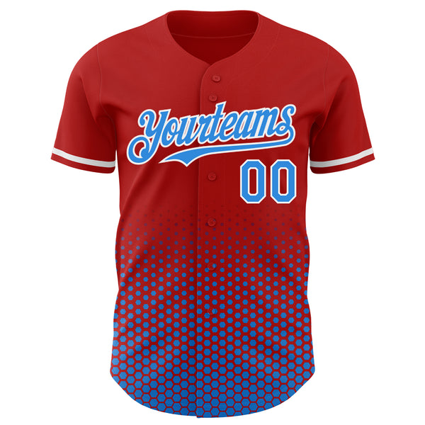 Custom Red Electric Blue-White Geometric Hexagonal Dot Gradient Authentic Baseball Jersey