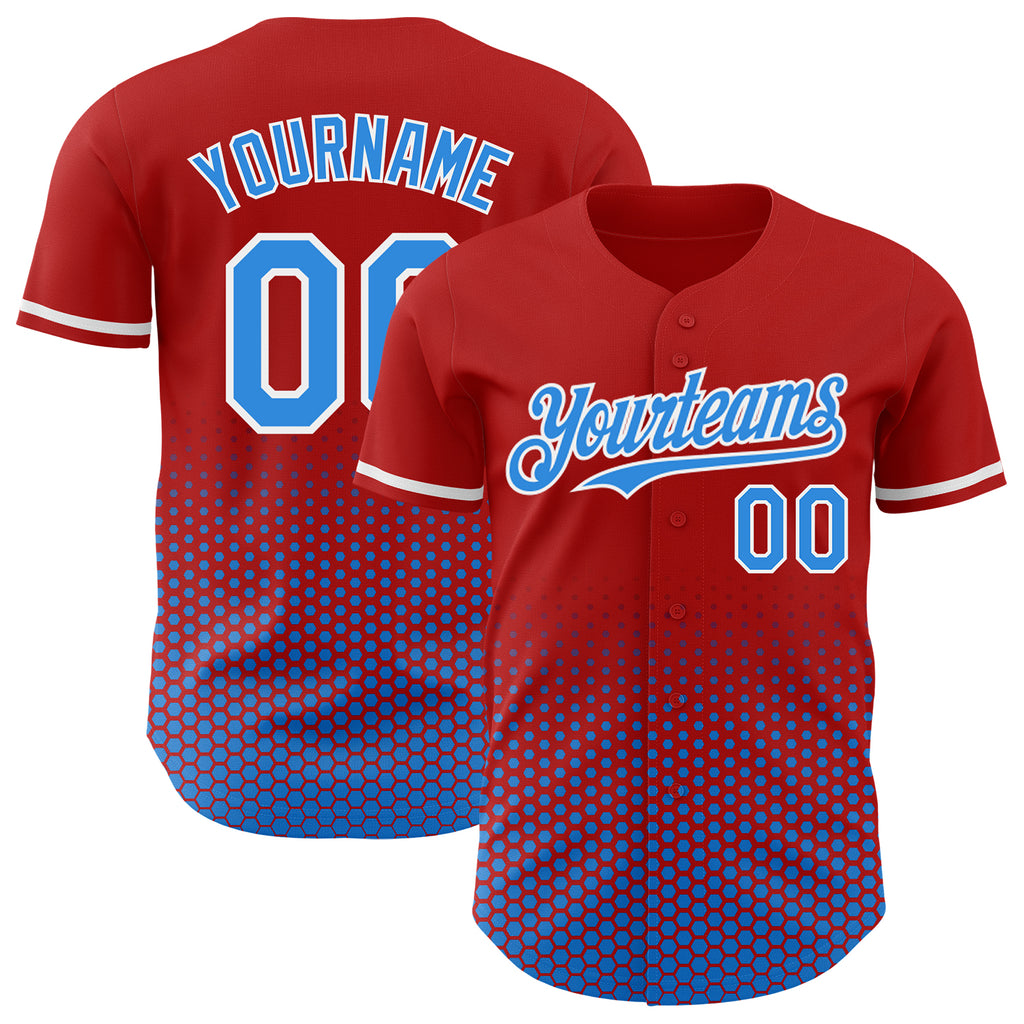 Custom Red Electric Blue-White Geometric Hexagonal Dot Gradient Authentic Baseball Jersey