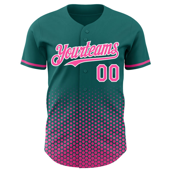 Custom Teal Pink-White Geometric Hexagonal Dot Gradient Authentic Baseball Jersey