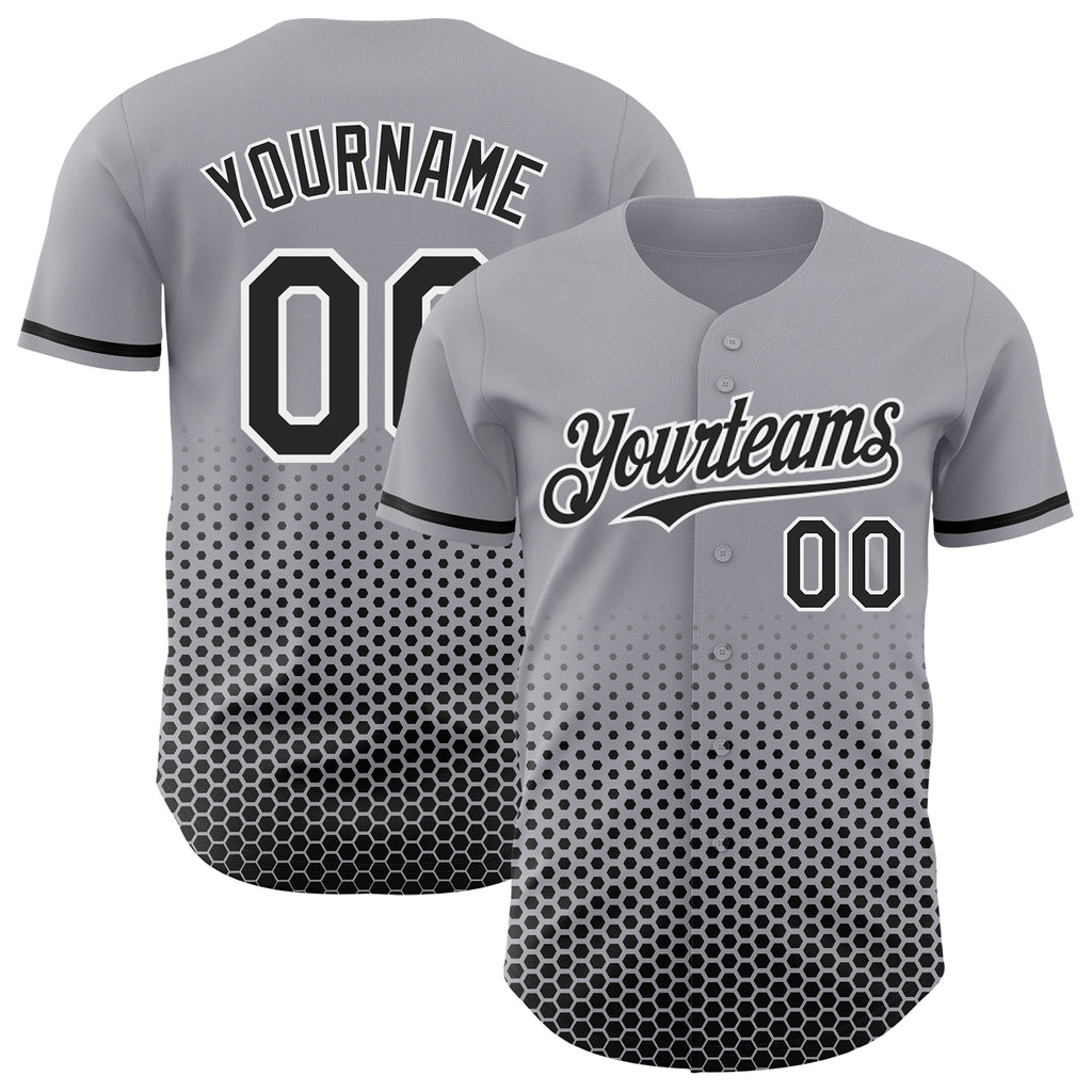 Custom Gray Black-White Geometric Hexagonal Dot Gradient Authentic Baseball Jersey