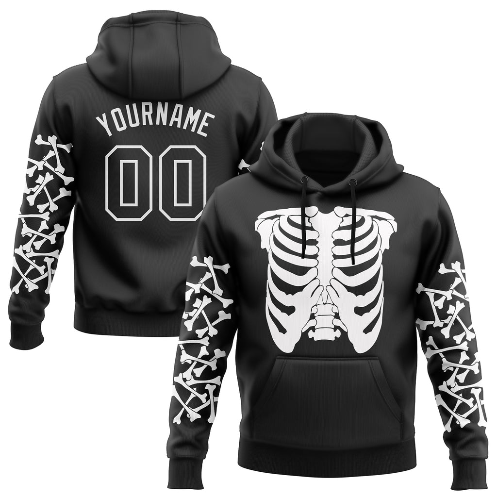 Custom Stitched Black White 3D Skull Fashion Sports Pullover Sweatshirt Hoodie