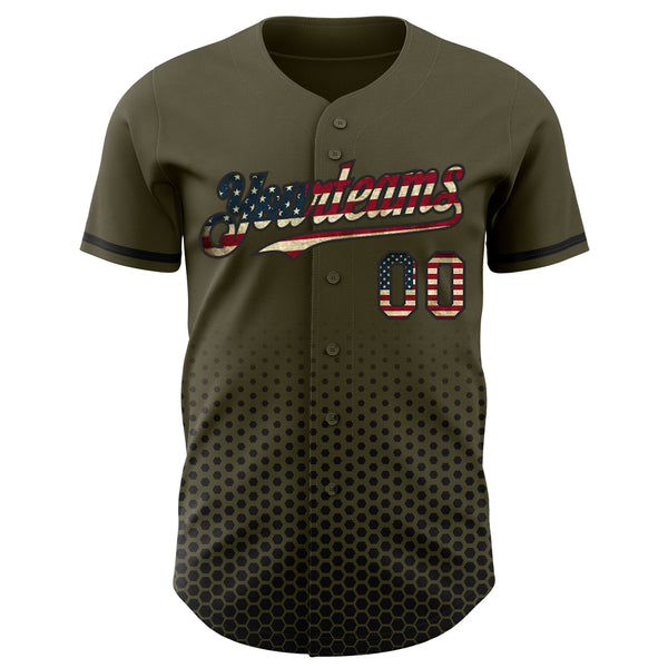 Custom Olive Vintage USA Flag-Black Geometric Hexagonal Dot Gradient Authentic Baseball Jersey