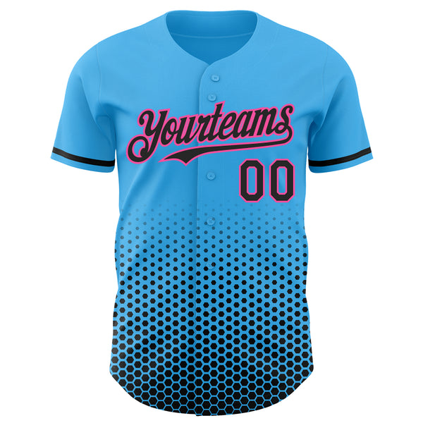 Custom Sky Blue Black-Pink Geometric Hexagonal Dot Gradient Authentic Baseball Jersey