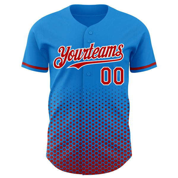 Custom Electric Blue Red-White Geometric Hexagonal Dot Gradient Authentic Baseball Jersey