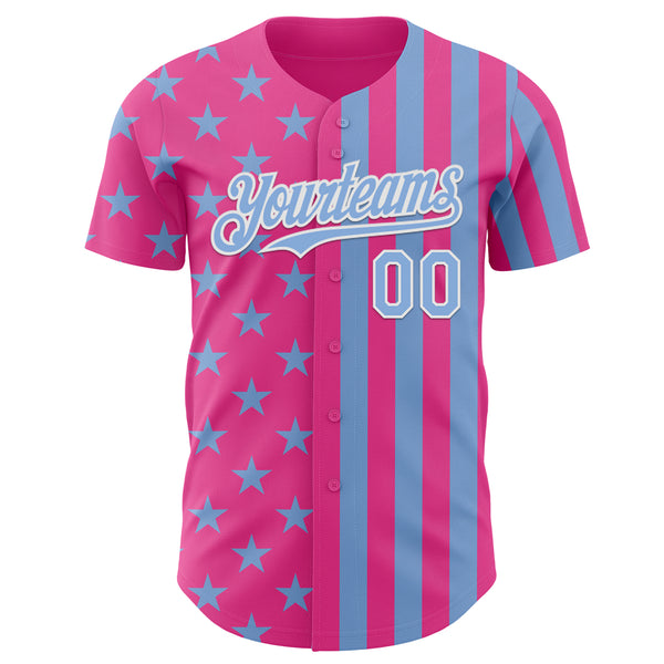 Custom Pink Light Blue-White USA Flag Patriotic Split Stars and Stripes Authentic Baseball Jersey