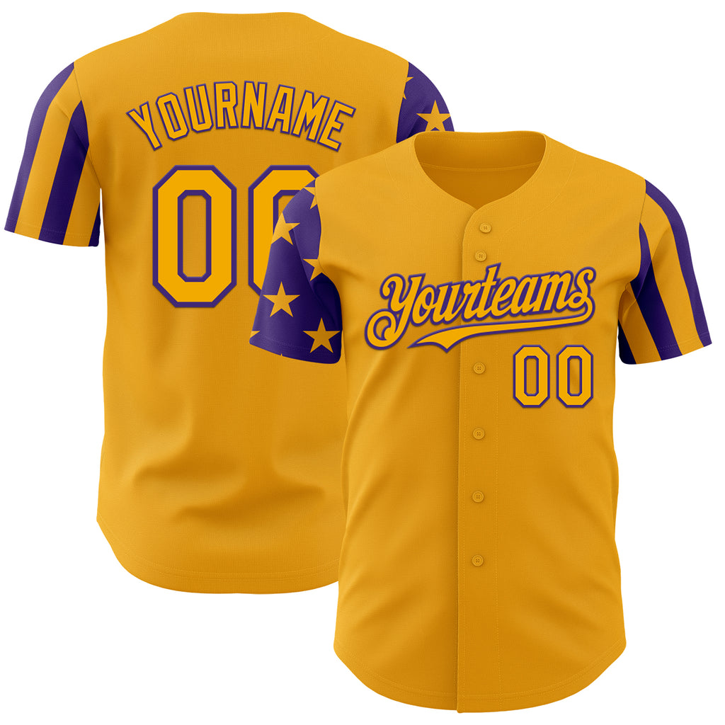 Custom Gold-Purple Two Tone USA Flag Sleeves Stars and Stripes Authentic Baseball Jersey