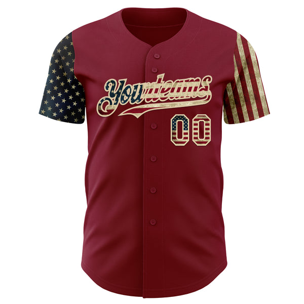 Custom Crimson Vintage USA Flag-City Cream Two Tone USA Flag Sleeves Stars and Stripes Authentic Baseball Jersey