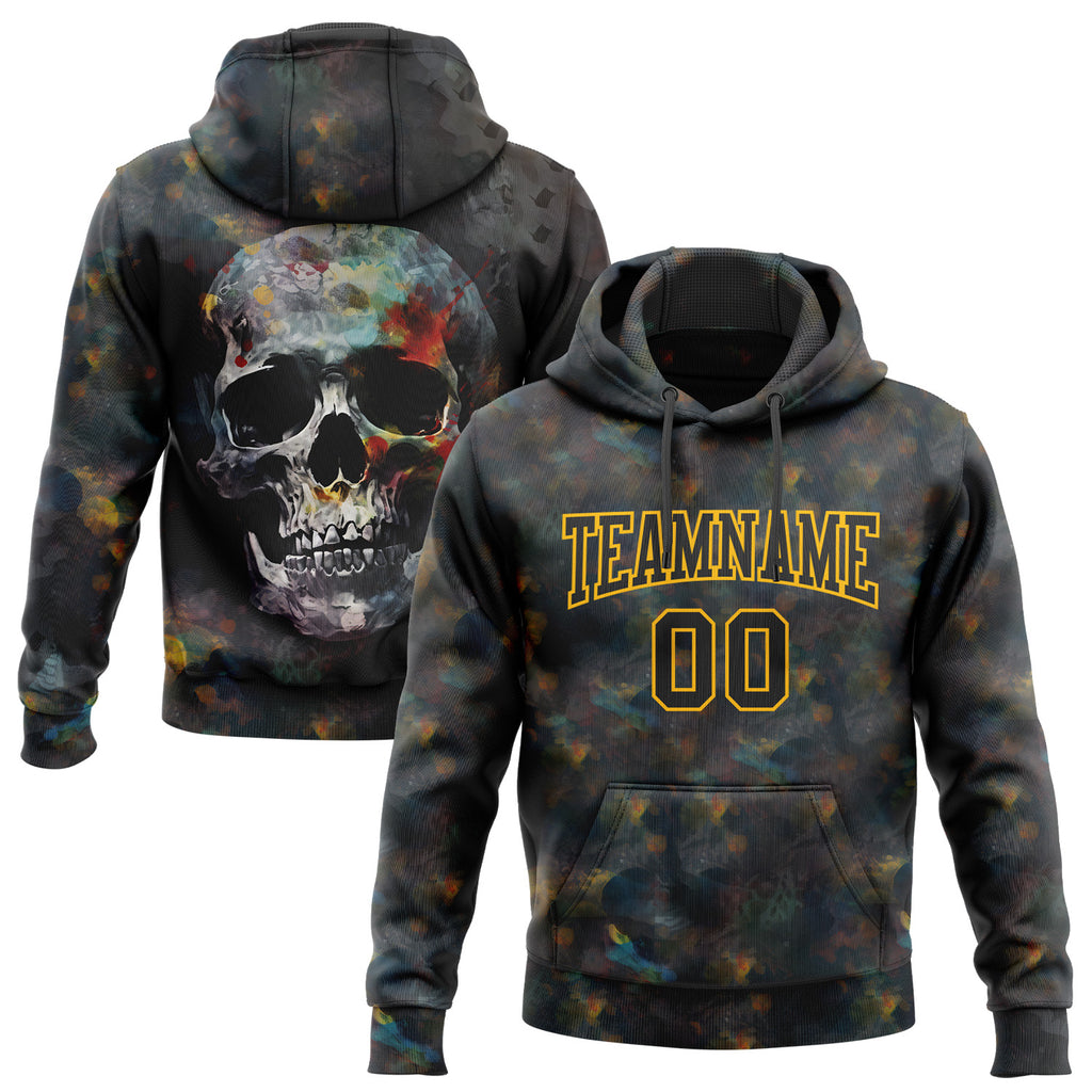 Custom Stitched Black Gold 3D Skull Fashion Sports Pullover Sweatshirt Hoodie