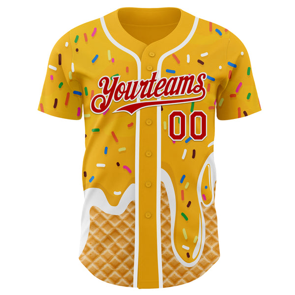 Custom Gold Red-White Ice Cream Waffle Foodie Dessert Authentic Baseball Jersey