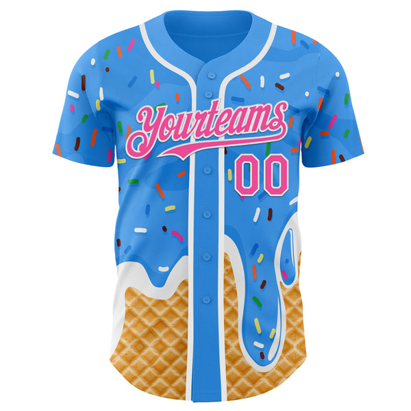Custom Electric Blue Pink-White Ice Cream Waffle Foodie Dessert Authentic Baseball Jersey