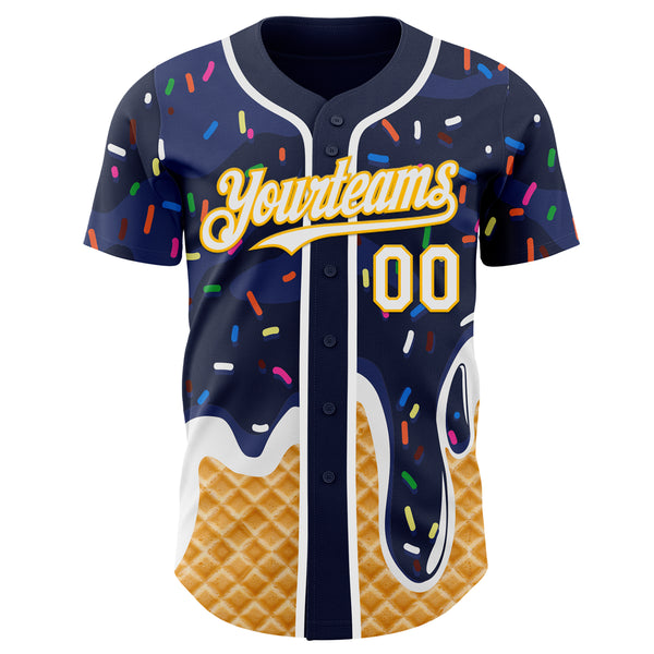 Custom Navy White-Gold Ice Cream Waffle Foodie Dessert Authentic Baseball Jersey