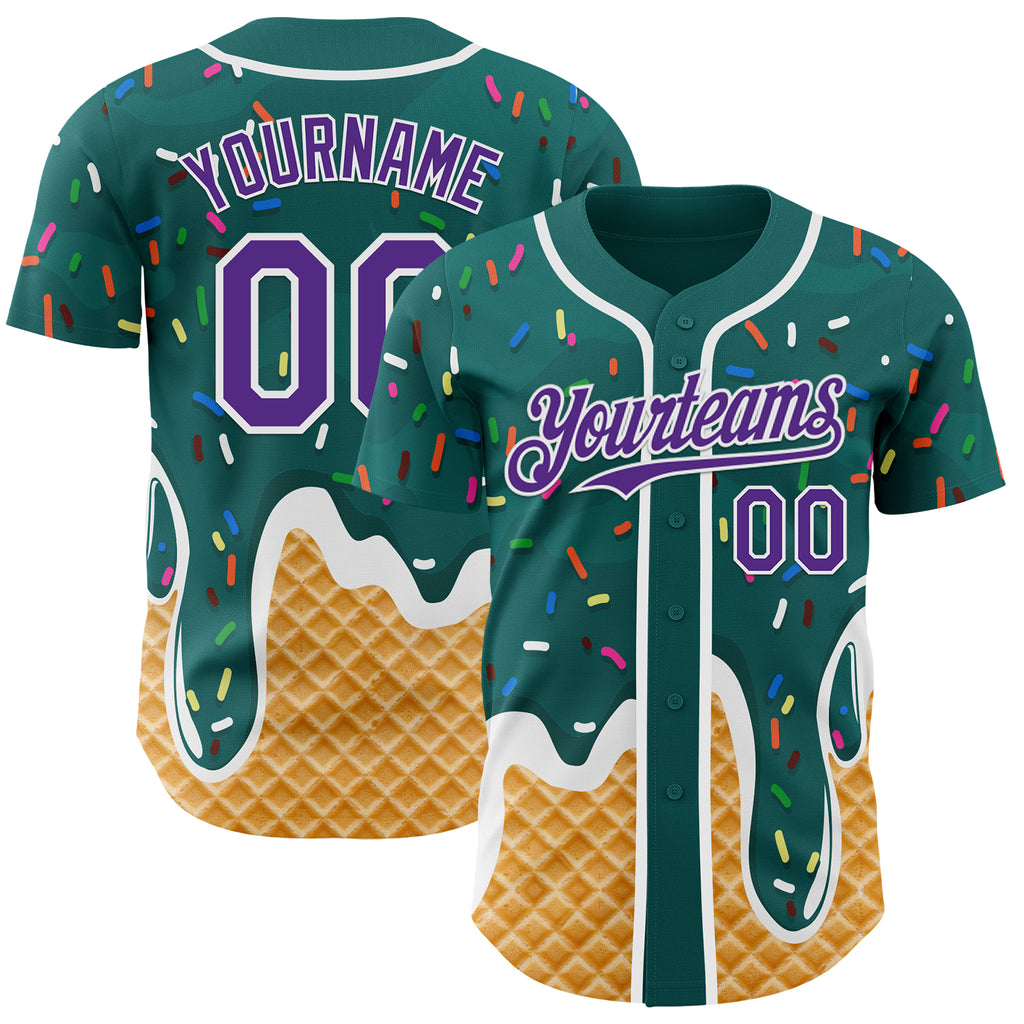 Custom Teal Purple-White Ice Cream Waffle Foodie Dessert Authentic Baseball Jersey