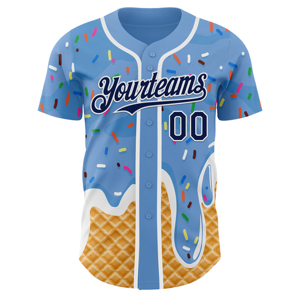 Custom Light Blue Navy-White Ice Cream Waffle Foodie Dessert Authentic Baseball Jersey