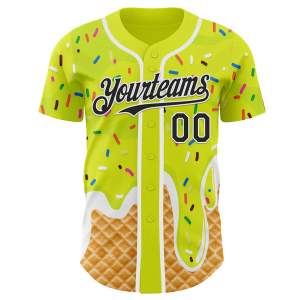 Custom Neon Yellow Black-White Ice Cream Waffle Foodie Dessert Authentic Baseball Jersey