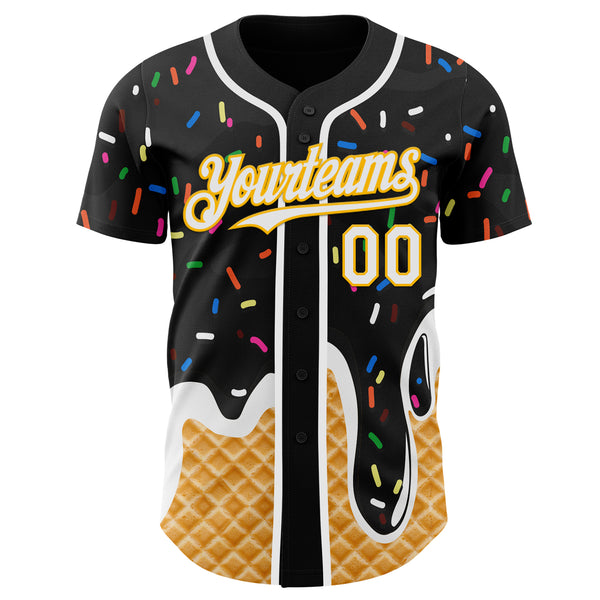 Custom Black White-Gold Ice Cream Waffle Foodie Dessert Authentic Baseball Jersey