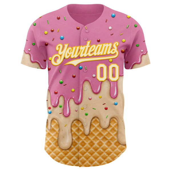 Custom Light Pink White-Gold Ice Cream Waffle Foodie Dessert Authentic Baseball Jersey