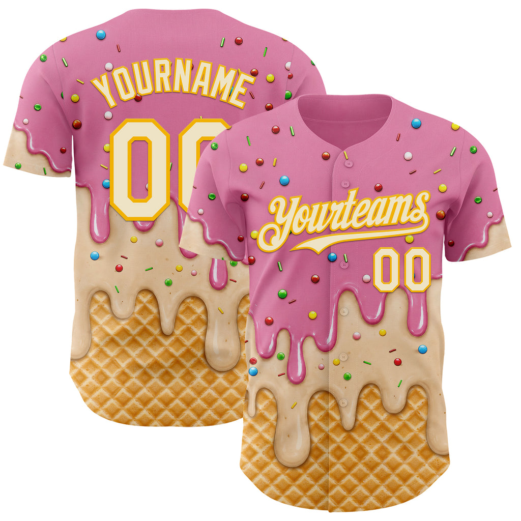 Custom Light Pink White-Gold Ice Cream Waffle Foodie Dessert Authentic Baseball Jersey