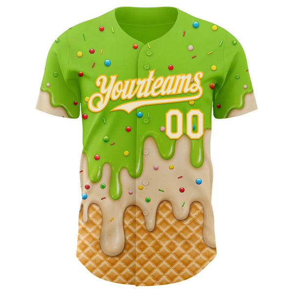 Custom Neon Green White-Gold Ice Cream Waffle Foodie Dessert Authentic Baseball Jersey