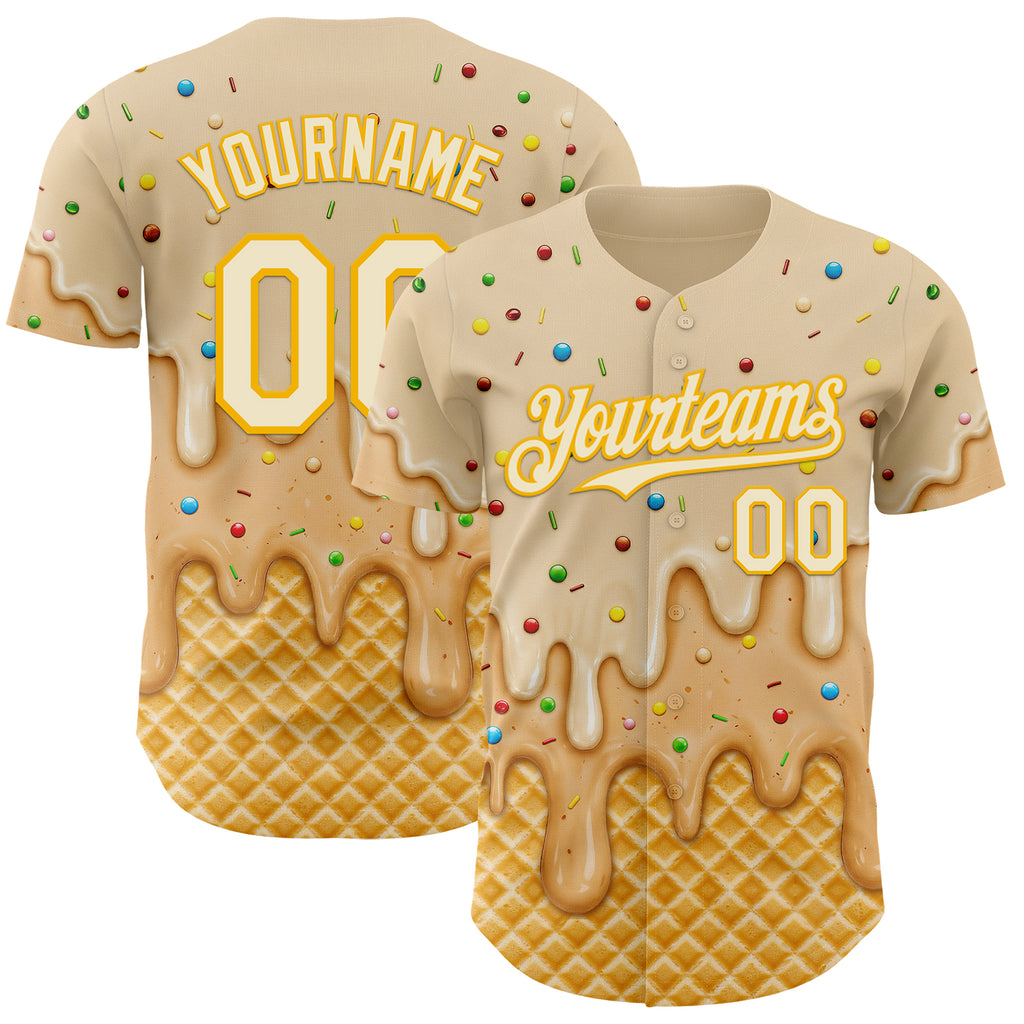 Custom Cream White-Gold Ice Cream Waffle Foodie Dessert Authentic Baseball Jersey