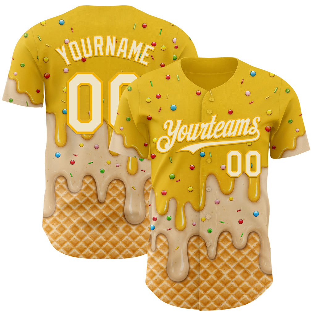 Custom Yellow White-Gold Ice Cream Waffle Foodie Dessert Authentic Baseball Jersey