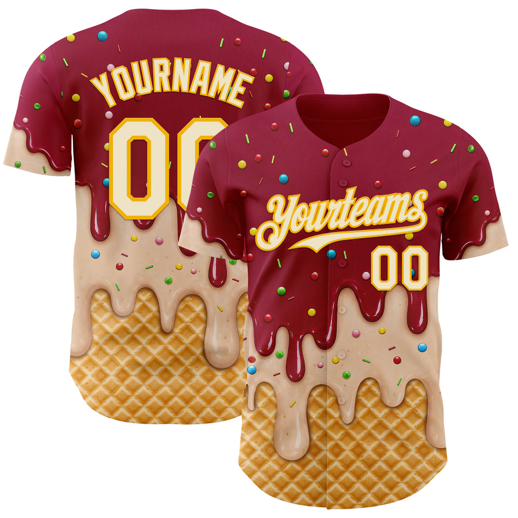 Custom Maroon White-Gold Ice Cream Waffle Foodie Dessert Authentic Baseball Jersey
