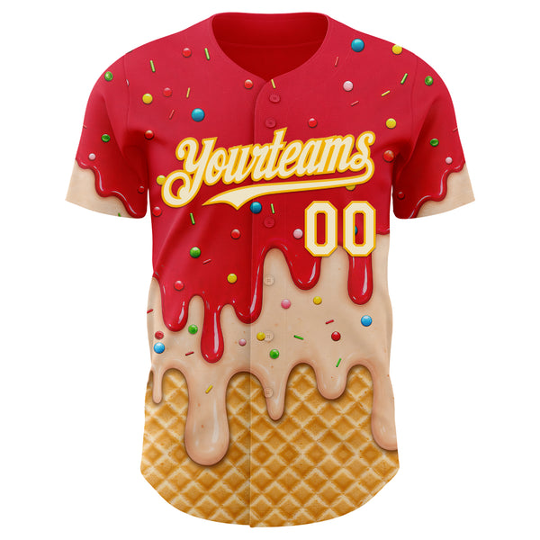 Custom Fire Red White-Gold Ice Cream Waffle Foodie Dessert Authentic Baseball Jersey