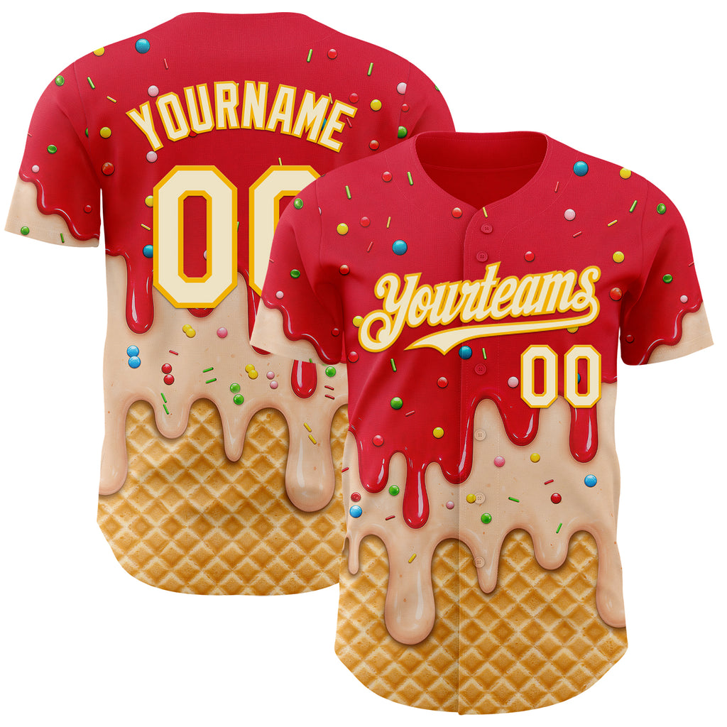Custom Fire Red White-Gold Ice Cream Waffle Foodie Dessert Authentic Baseball Jersey