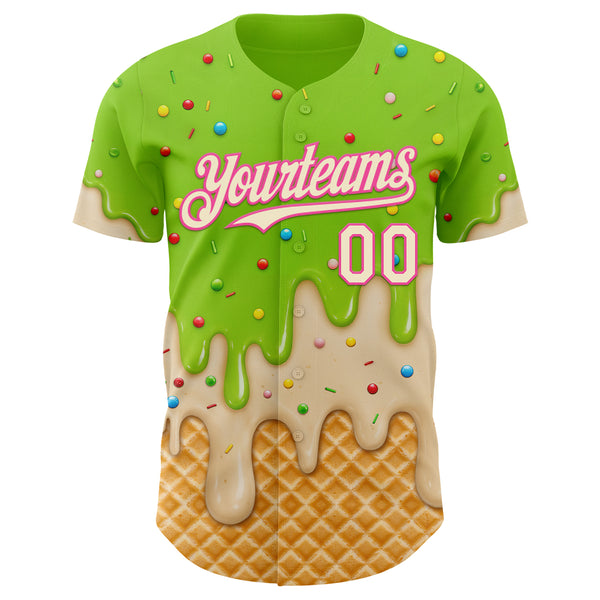 Custom Neon Green Cream-Pink Ice Cream Waffle Foodie Dessert Authentic Baseball Jersey