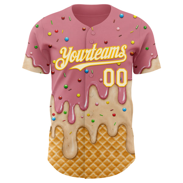 Custom Medium Pink Cream-Gold Ice Cream Waffle Foodie Dessert Authentic Baseball Jersey