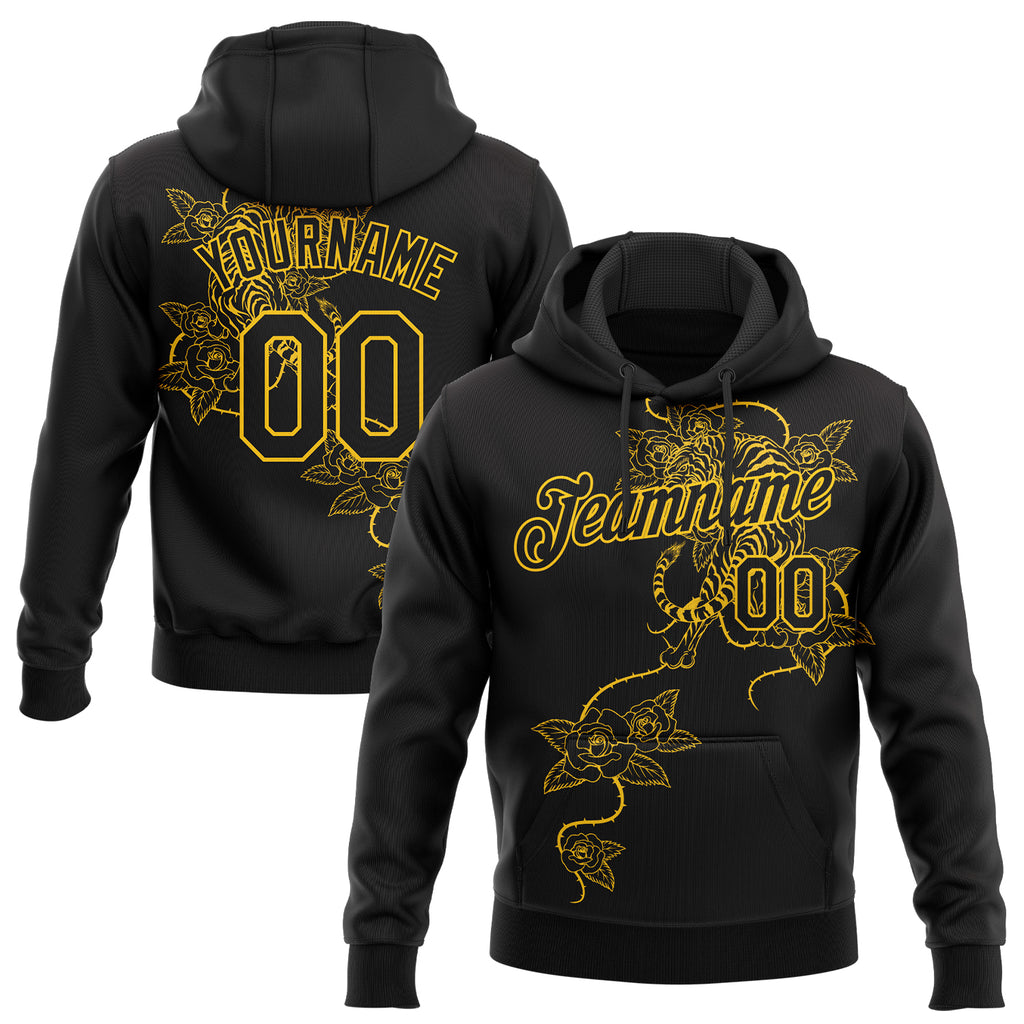 Custom Stitched Black Yellow 3D Pattern Design Tiger And Flower Sports Pullover Sweatshirt Hoodie