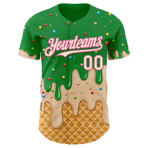 Custom Light Kelly Green Cream-Pink Ice Cream Waffle Foodie Dessert Authentic Baseball Jersey