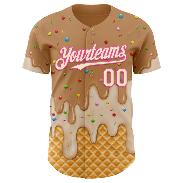 Custom Tan Cream-Pink Ice Cream Waffle Foodie Dessert Authentic Baseball Jersey